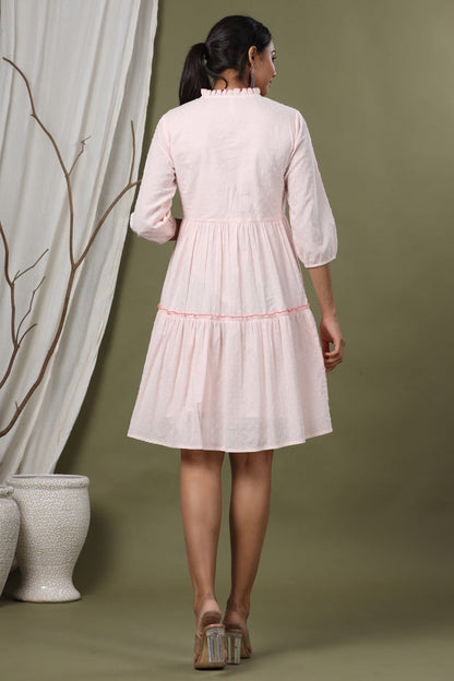 Peach Swiss Dot Festive Embroidered Tiered Dress