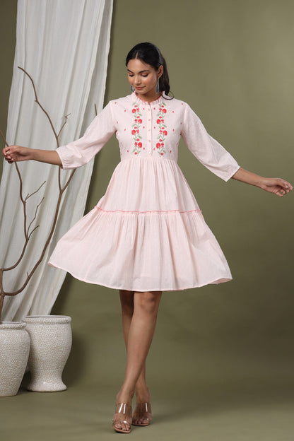 Peach Swiss Dot Festive Embroidered Tiered Dress