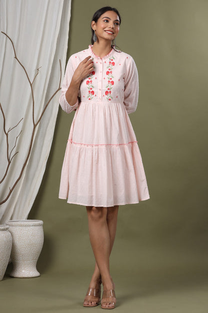 Peach Swiss Dot Festive Embroidered Tiered Dress