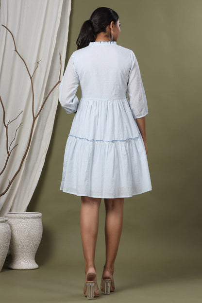 Sky Blue Swiss Dot Festive Embroidered Tiered Dress