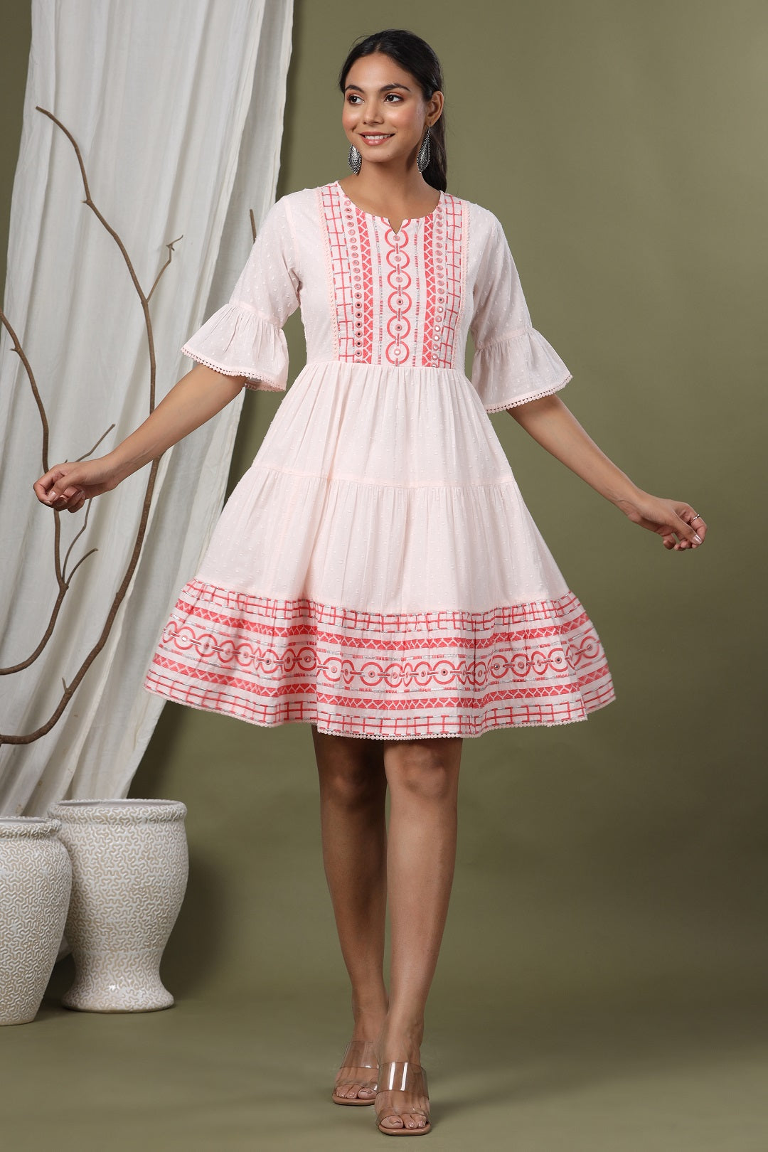 Peach Cotton Dobby Festive Embroidered Tiered Dress