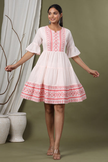 Peach Cotton Dobby Festive Embroidered Tiered Dress