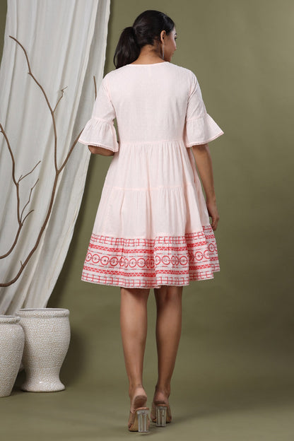Peach Cotton Dobby Festive Embroidered Tiered Dress
