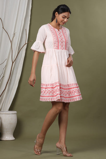 Peach Cotton Dobby Festive Embroidered Tiered Dress