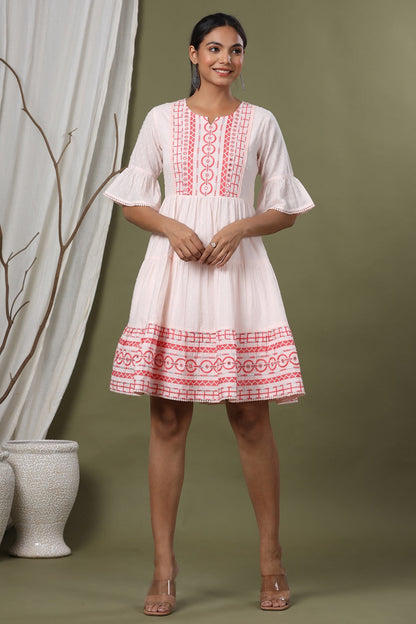 Peach Cotton Dobby Festive Embroidered Tiered Dress