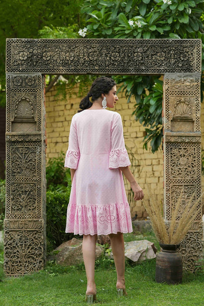 Pink Cotton Dobby Festive Embroidered Tiered Dress