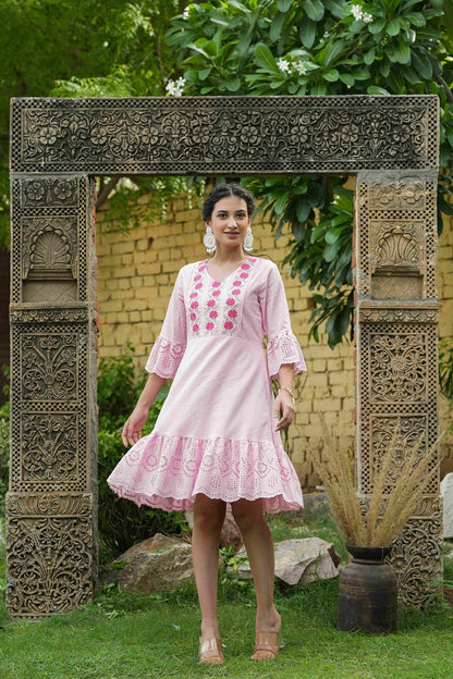 Pink Cotton Dobby Festive Embroidered Tiered Dress