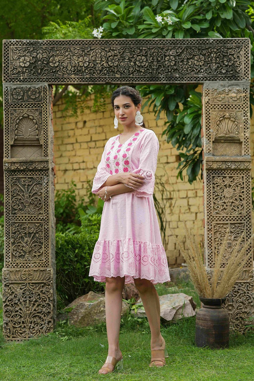 Pink Cotton Dobby Festive Embroidered Tiered Dress