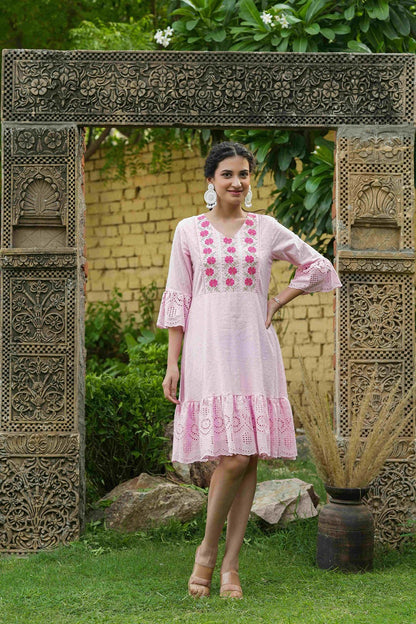 Pink Cotton Dobby Festive Embroidered Tiered Dress