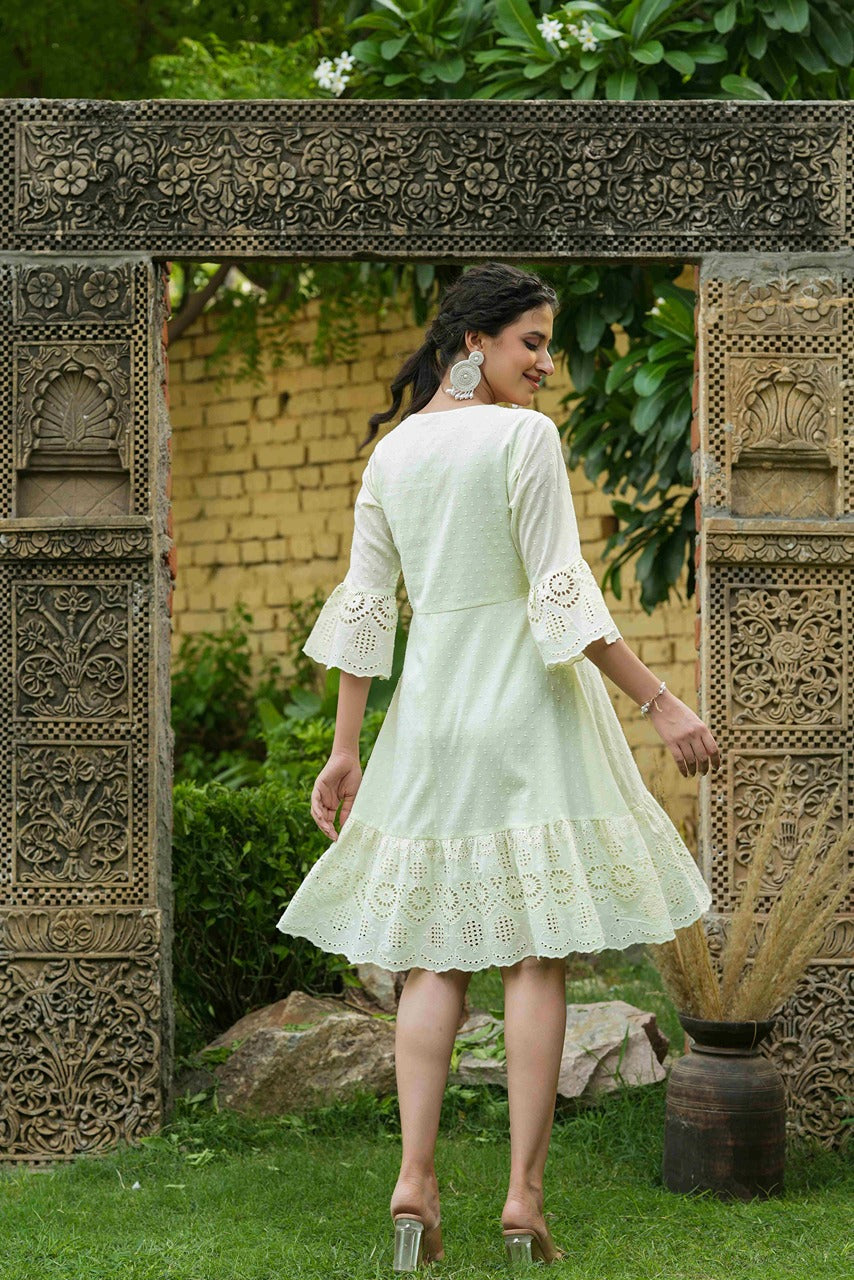 Pista Green Cotton Dobby Festive Embroidered Tiered Dress