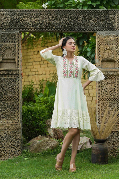 Pista Green Cotton Dobby Festive Embroidered Tiered Dress