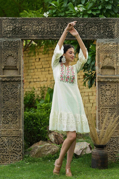 Pista Green Cotton Dobby Festive Embroidered Tiered Dress