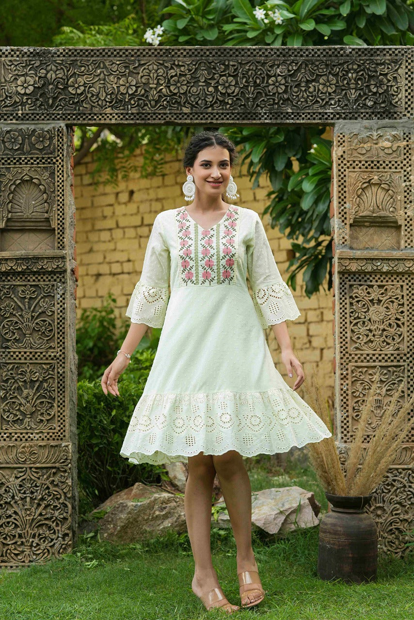 Pista Green Cotton Dobby Festive Embroidered Tiered Dress