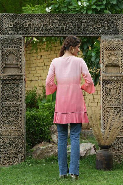 Peach Rayon Festive Embroidered Tiered Tunic