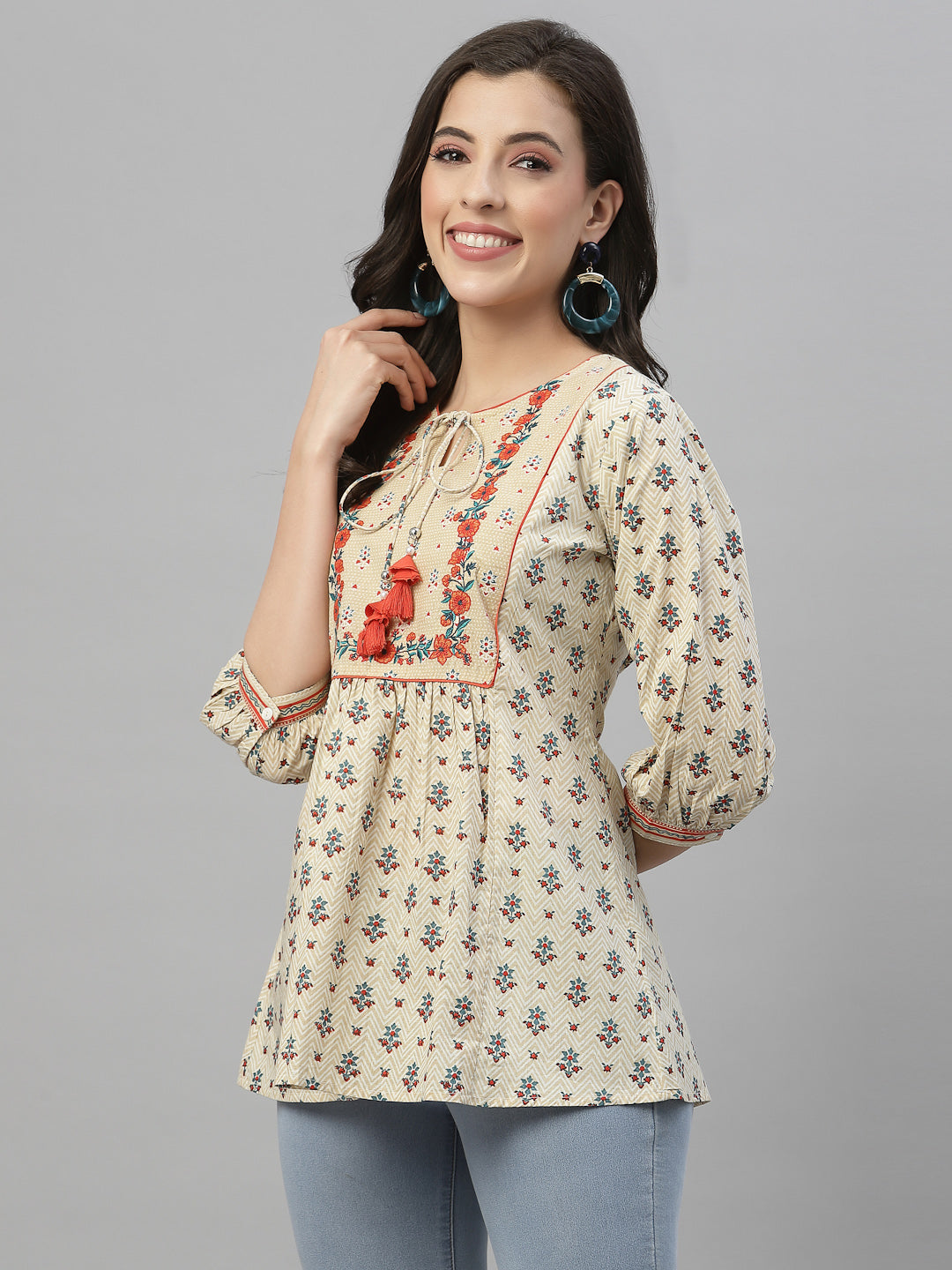 Beige Cambric Casual Wear Printed A-Line Tunic