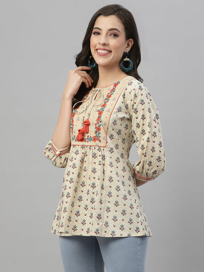 Beige Cambric Casual Wear Printed A-Line Tunic