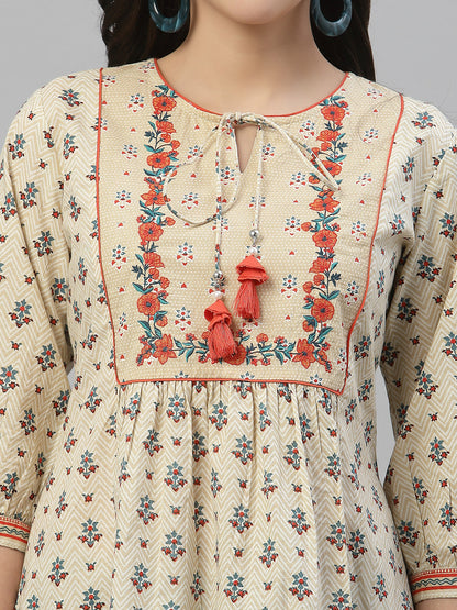 Beige Cambric Casual Wear Printed A-Line Tunic