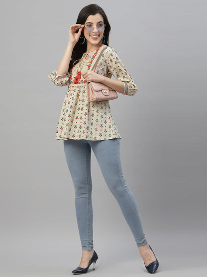 Beige Cambric Casual Wear Printed A-Line Tunic