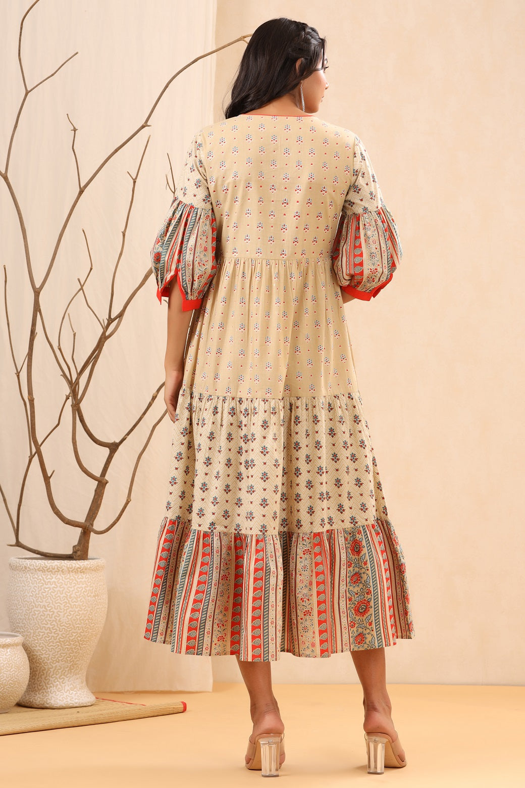 Beige Cambric Festive Printed Tiered Long Dress