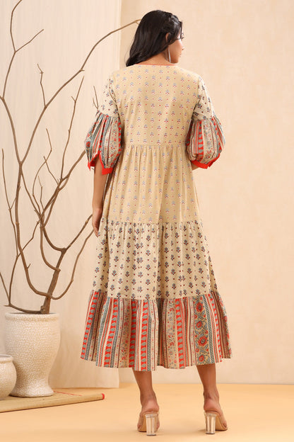 Beige Cambric Festive Printed Tiered Long Dress