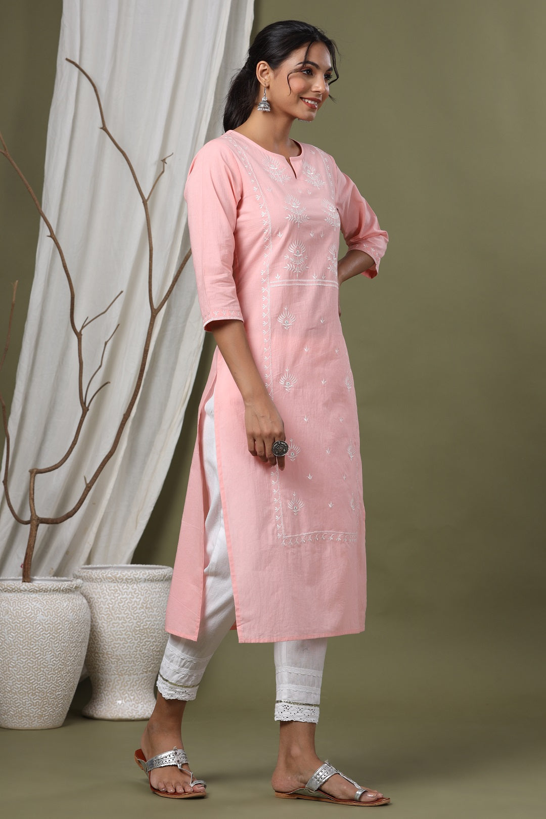 Pink Cambric Festive Embroidered Straight Kurta