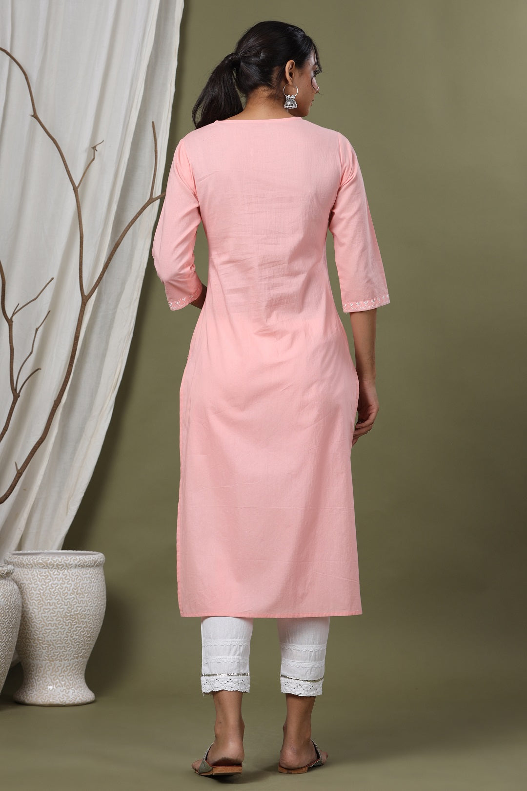 Pink Cambric Festive Embroidered Straight Kurta