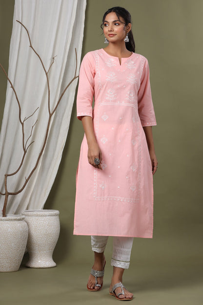 Pink Cambric Festive Embroidered Straight Kurta