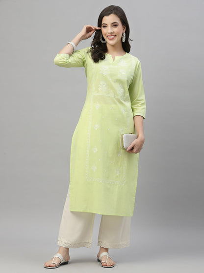Pista Green Cambric Festive Embroidered Straight Kurta