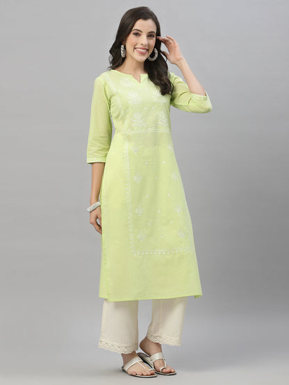Pista Green Cambric Festive Embroidered Straight Kurta