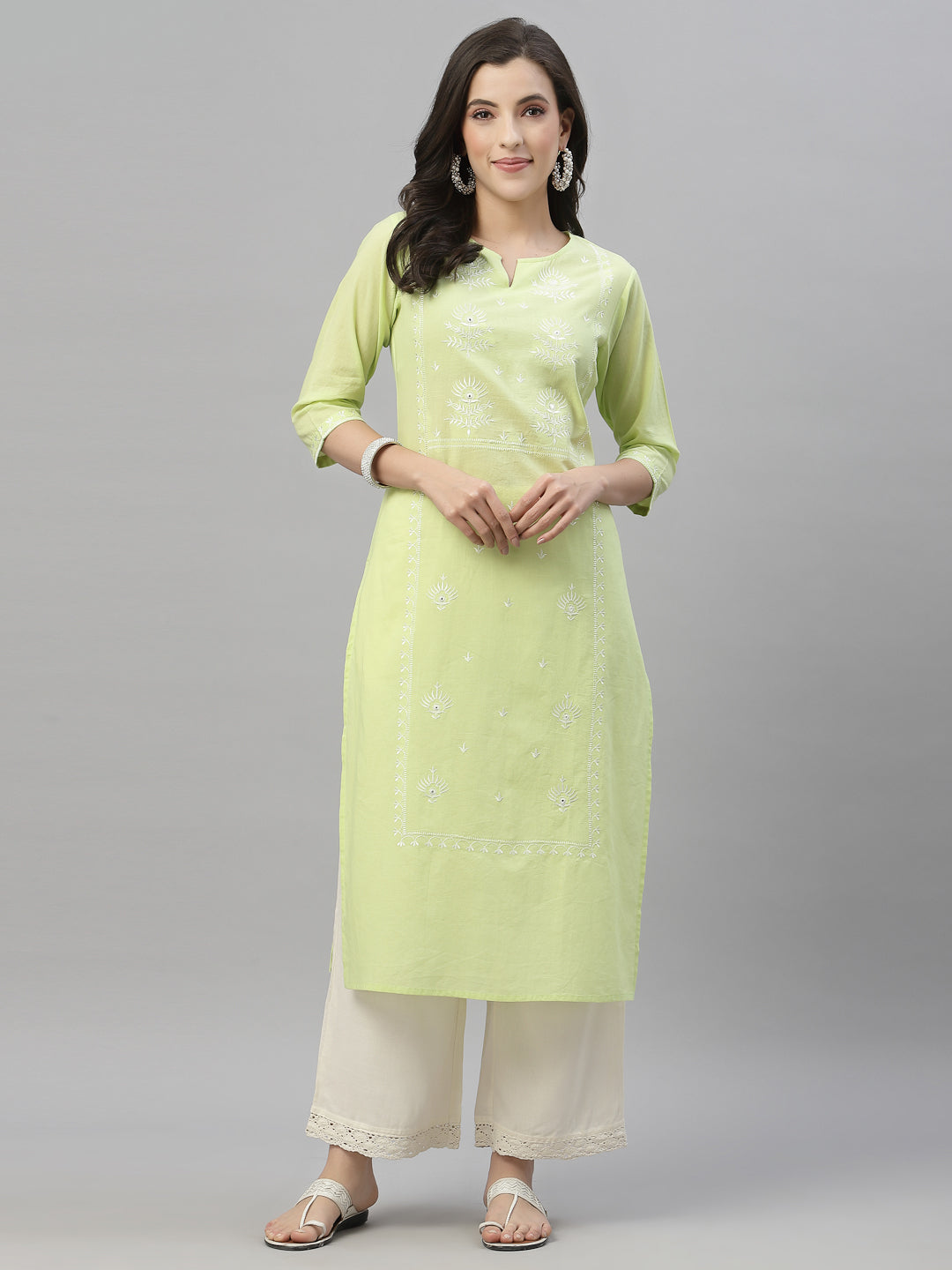 Pista Green Cambric Festive Embroidered Straight Kurta