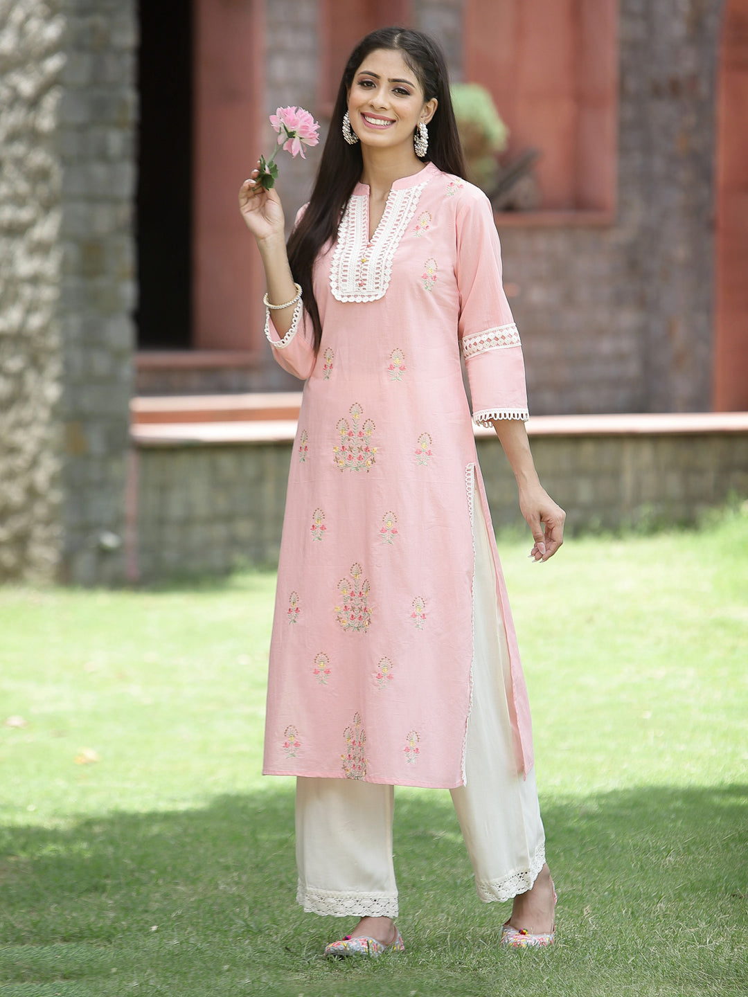 Peach Cambric Festive Embroidered Straight Kurta