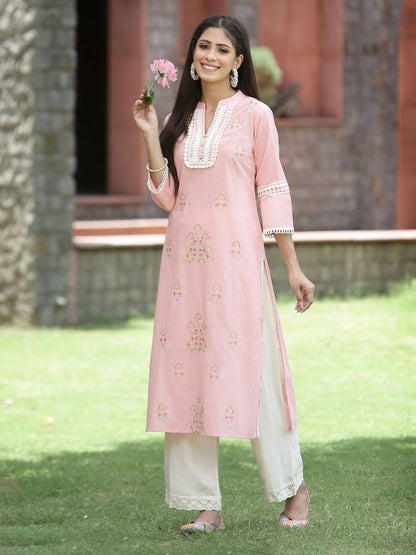 Peach Cambric Festive Embroidered Straight Kurta