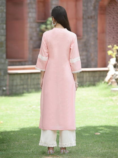 Peach Cambric Festive Embroidered Straight Kurta