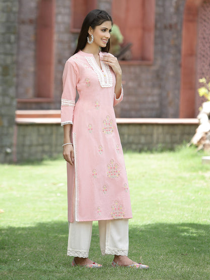 Peach Cambric Festive Embroidered Straight Kurta