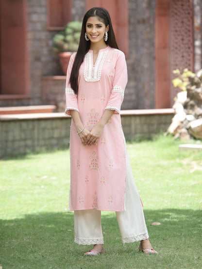 Peach Cambric Festive Embroidered Straight Kurta