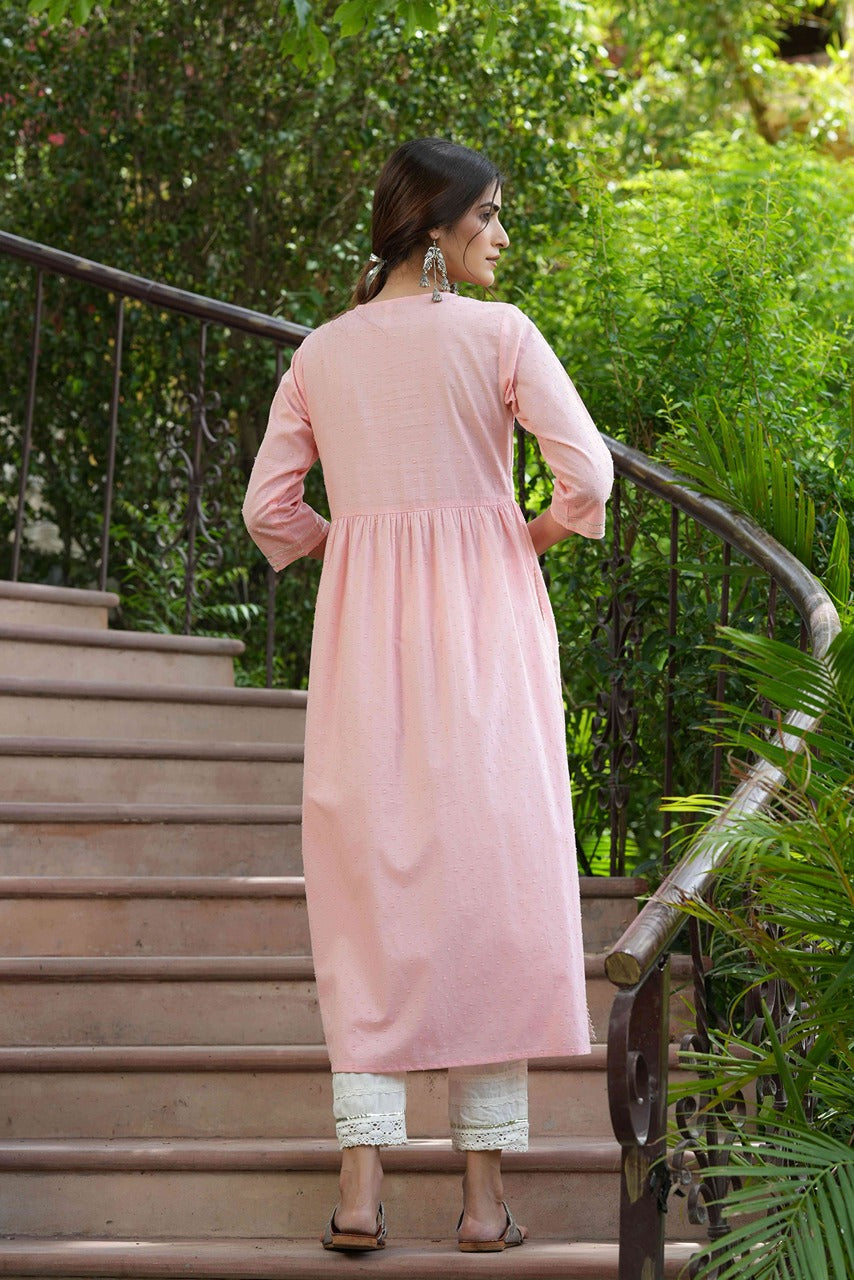 Peach Cotton Dobby Festive Embroidered A-Line Long Kurta