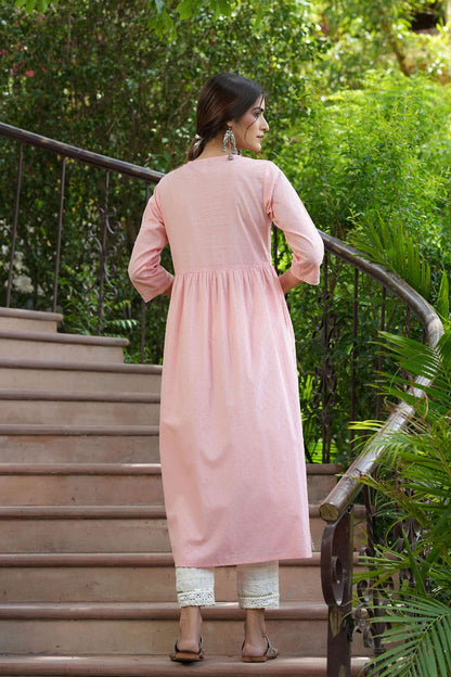 Peach Cotton Dobby Festive Embroidered A-Line Long Kurta