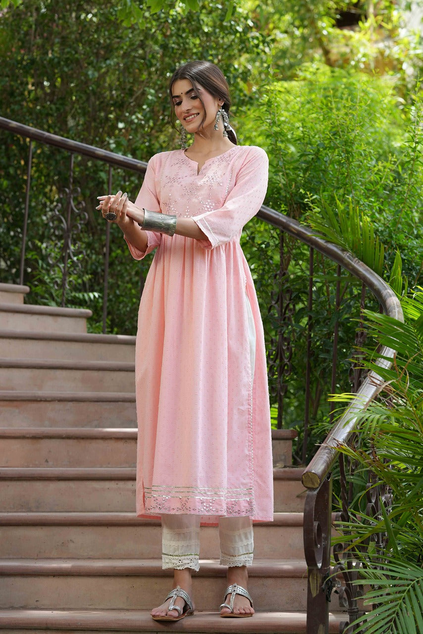 Peach Cotton Dobby Festive Embroidered A-Line Long Kurta