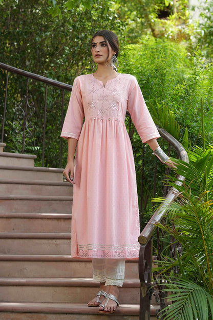 Peach Cotton Dobby Festive Embroidered A-Line Long Kurta