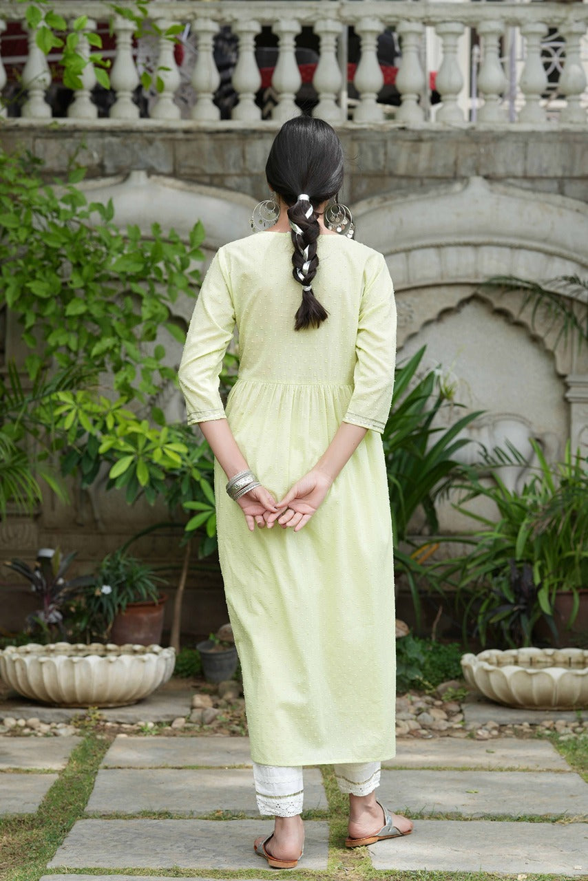 Pista Green Cotton Dobby Festive Embroidered A-Line Long Kurta