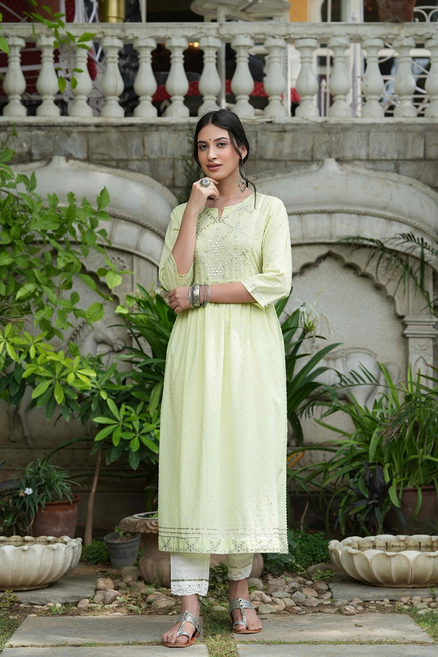 Pista Green Cotton Dobby Festive Embroidered A-Line Long Kurta