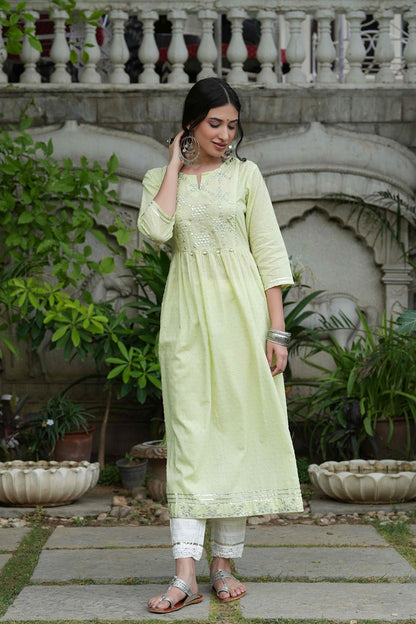 Pista Green Cotton Dobby Festive Embroidered A-Line Long Kurta