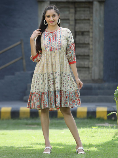 Beige Cambric Festive Embroidered Tiered Short Dress