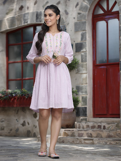 Lavender Cotton Dobby Embroidered A-Line Short Dress