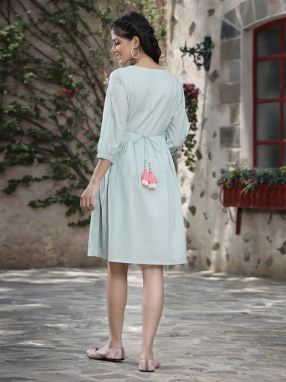 Mint Green Cotton Dobby Embroidered A-Line Short Dress
