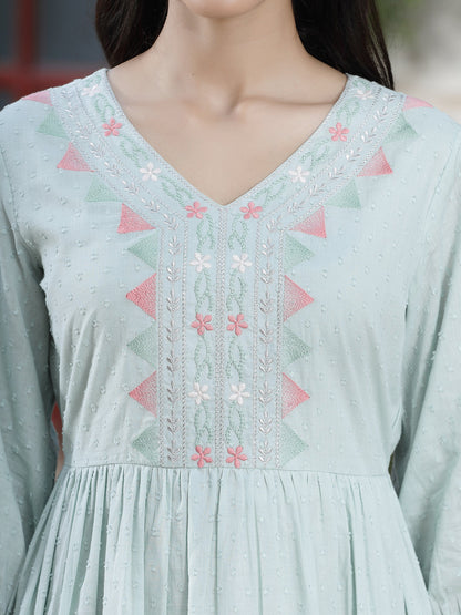 Mint Green Cotton Dobby Embroidered A-Line Short Dress