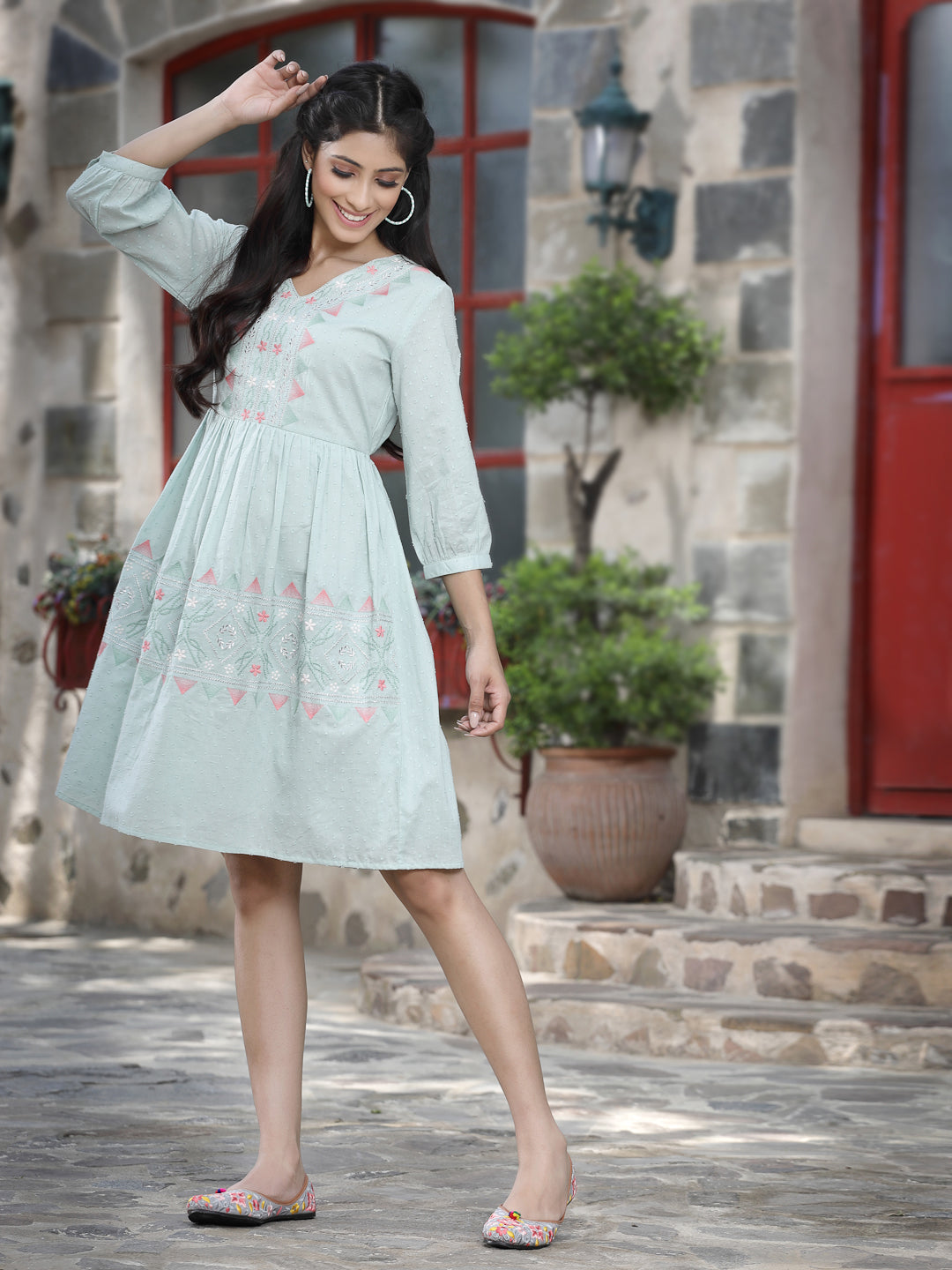 Mint Green Cotton Dobby Embroidered A-Line Short Dress