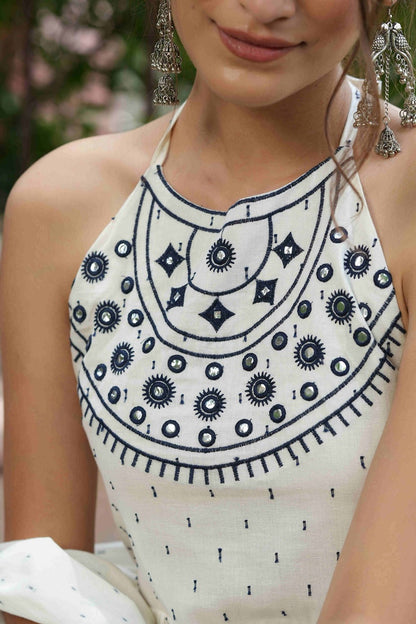 Off - White Cotton Dobby Festive Embroidered Tiered Skd