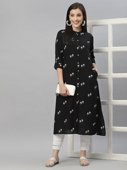 Black Rayon Festive Printed A-Line Kurta