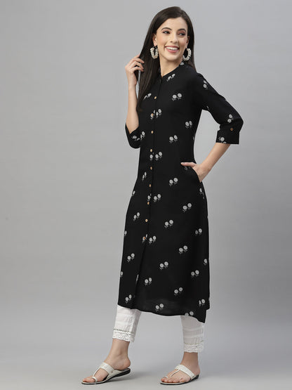 Black Rayon Festive Printed A-Line Kurta